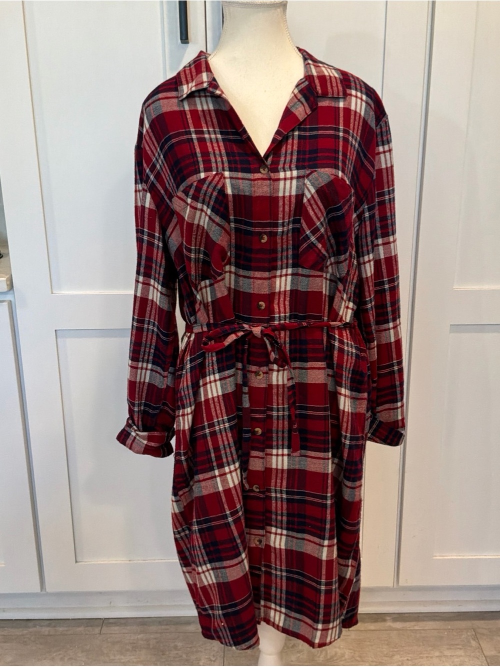 Jachs Ladies Girlfriend Casual Flannel Plaid Long Shirt Dress Red Plaid Belted L